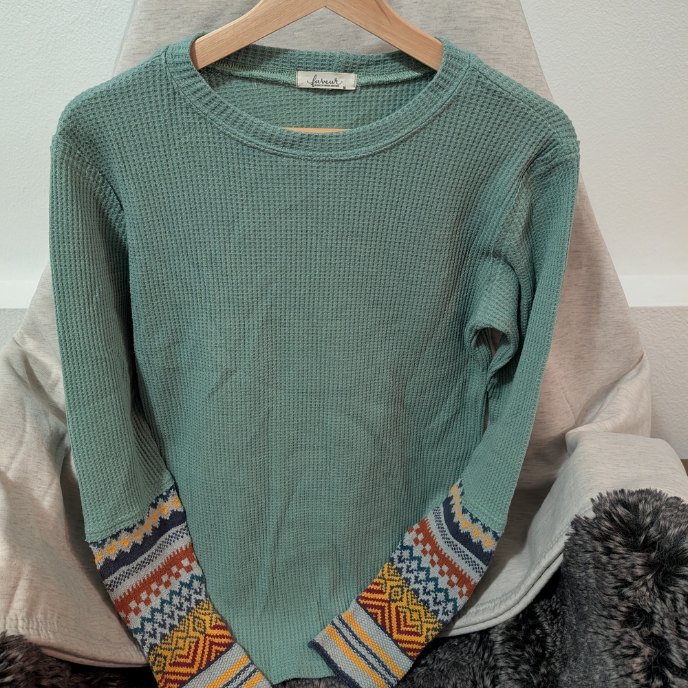 Teal Waffle Knit Sweater with Patterned Sleeves